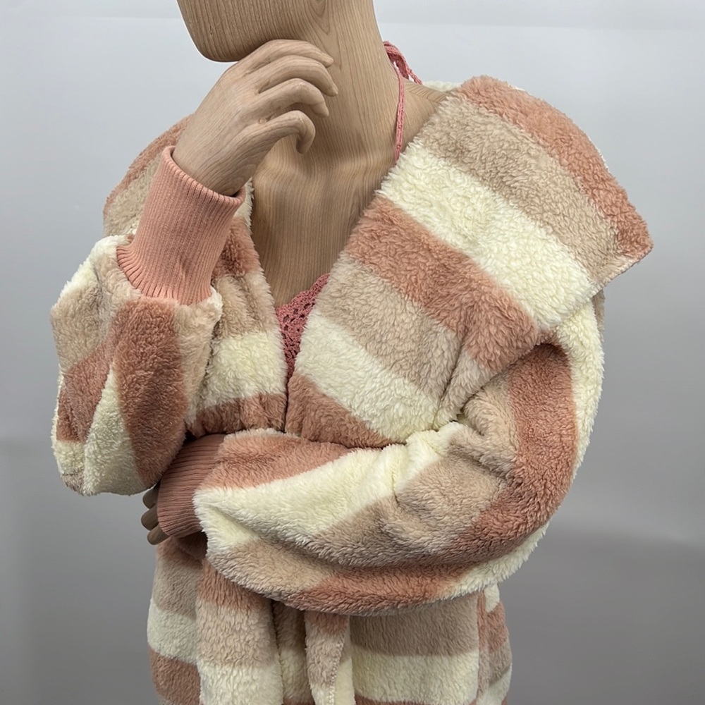 🆕Women’s Soft Fleece Cozy Cardigan Hoodie Cream Rose Mocha Striped W/Pockets - Picture 5 of 12